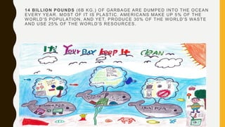 14 BILLION POUNDS (6B KG.) OF GARBAGE ARE DUMPED INTO THE OCEAN
EVERY YEAR. MOST OF IT IS PLASTIC. AMERICANS MAKE UP 5% OF THE
WORLD'S POPULATION, AND YET, PRODUCE 30% OF THE WORLD'S WASTE
AND USE 25% OF THE WORLD'S RESOURCES.