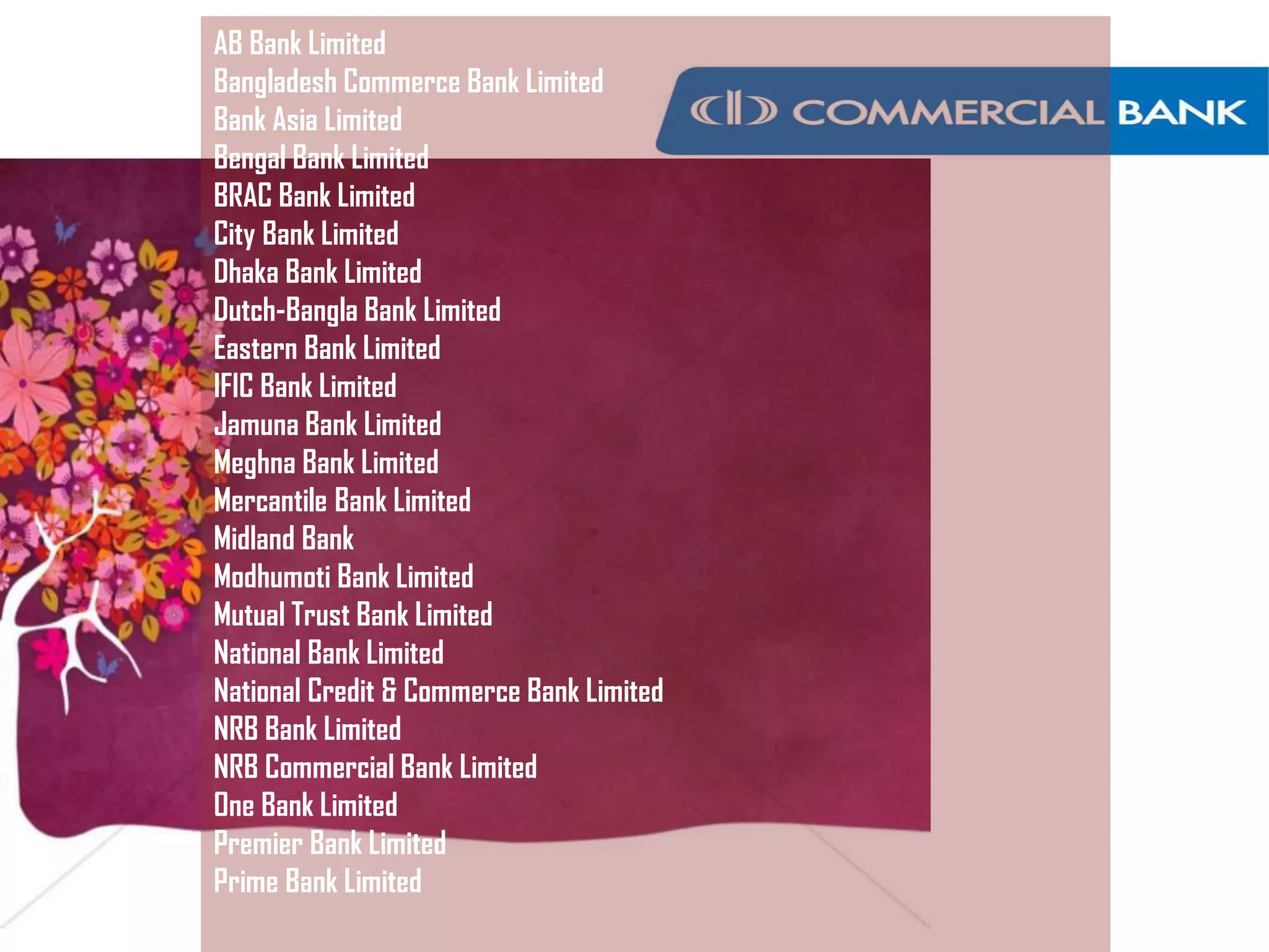 AB Bank Limited
Bangladesh Commerce Bank Limited
Bank Asia Limited
Bengal Bank Limited
BRAC Bank Limited
City Bank Limited
Dhaka Bank Limited
Dutch-Bangla Bank Limited
Eastern Bank Limited
IFIC Bank Limited
Jamuna Bank Limited
Meghna Bank Limited
Mercantile Bank Limited
Midland Bank
Modhumoti Bank Limited
Mutual Trust Bank Limited
National Bank Limited
National Credit & Commerce Bank Limited
NRB Bank Limited
NRB Commercial Bank Limited
One Bank Limited
Premier Bank Limited
Prime Bank Limited
 