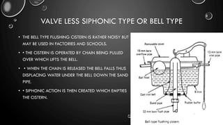 VALVE LESS SIPHONIC TYPE OR BELL TYPE
• THE BELL TYPE FLUSHING CISTERN IS RATHER NOISY BUT
MAY BE USED IN FACTORIES AND SCHOOLS.
• • THE CISTERN IS OPERATED BY CHAIN BEING PULLED
OVER WHICH LIFTS THE BELL.
• • WHEN THE CHAIN IS RELEASED THE BELL FALLS THUS
DISPLACING WATER UNDER THE BELL DOWN THE SAND
PIPE.
• • SIPHONIC ACTION IS THEN CREATED WHICH EMPTIES
THE CISTERN.
 