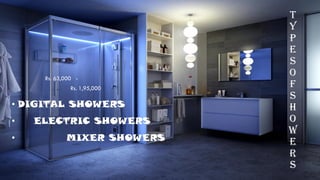 T
Y
P
E
S
O
F
S
H
O
W
E
R
S
• DIGITAL SHOWERS
• ELECTRIC SHOWERS
• MIXER SHOWERS
Rs. 1,95,000
Rs. 63,000 -
 