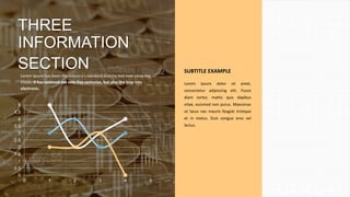THREE
INFORMATION
SECTION
Lorem Ipsum has been the industry's standard dummy text ever since the
1500s. It has survived not only five centuries, but also the leap into
electronic.
SUBTITLE EXAMPLE
Lorem ipsum dolor sit amet,
consectetur adipiscing elit. Fusce
diam tortor, mattis quis dapibus
vitae, euismod non purus. Maecenas
ut lacus nec mauris feugiat tristique
et in metus. Duis congue eros vel
lectus.
0
0.5
1
1.5
2
2.5
3
3.5
4
4.5
5
0 1 2 3 4 5
 