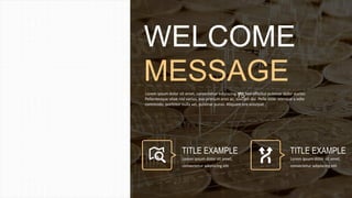 75
WELCOME
MESSAGELorem ipsum dolor sit amet, consectetur adipiscing elit. Sed efficitur pulvinar dolor auctor.
Pellentesque vitae nisl varius, eso pretium eros ac, suscipit dui. Pelle osso ntesque a odio
commodo, porttitor nulla vel, pulvinar purus. Aliquam era volutpat.
TITLE EXAMPLE
Lorem ipsum dolor sit amet,
consectetur adipiscing elit
TITLE EXAMPLE
Lorem ipsum dolor sit amet,
consectetur adipiscing elit
 