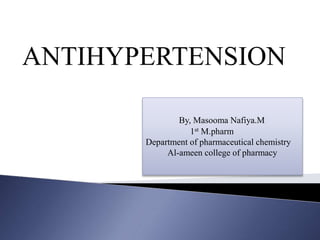 ANTIHYPERTENSION
By, Masooma Nafiya.M
1st M.pharm
Department of pharmaceutical chemistry
Al-ameen college of pharmacy
 