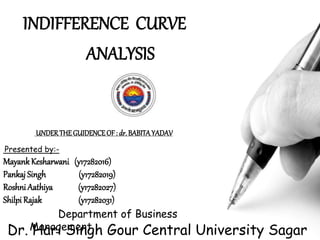 INDIFFERENCE CURVE
ANALYSIS
Department of Business
ManagementDr. Hari Singh Gour Central University Sagar
Presented by:-
MayankKesharwani (y17282016)
Pankaj Singh (y17282019)
Roshni Aathiya (y17282027)
Shilpi Rajak (y17282031)
UNDERTHEGUIDENCEOF: dr. BABITAYADAV
 