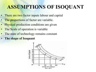 ASSUMPTIONS OF ISOQUANT
• There are two factor inputs labour and capital
• The proportions of factor are variable.
• Physical production conditions are given
• The Scale of operation is variable
• The state of technology remains constant
• The shape of Isoquant
 
