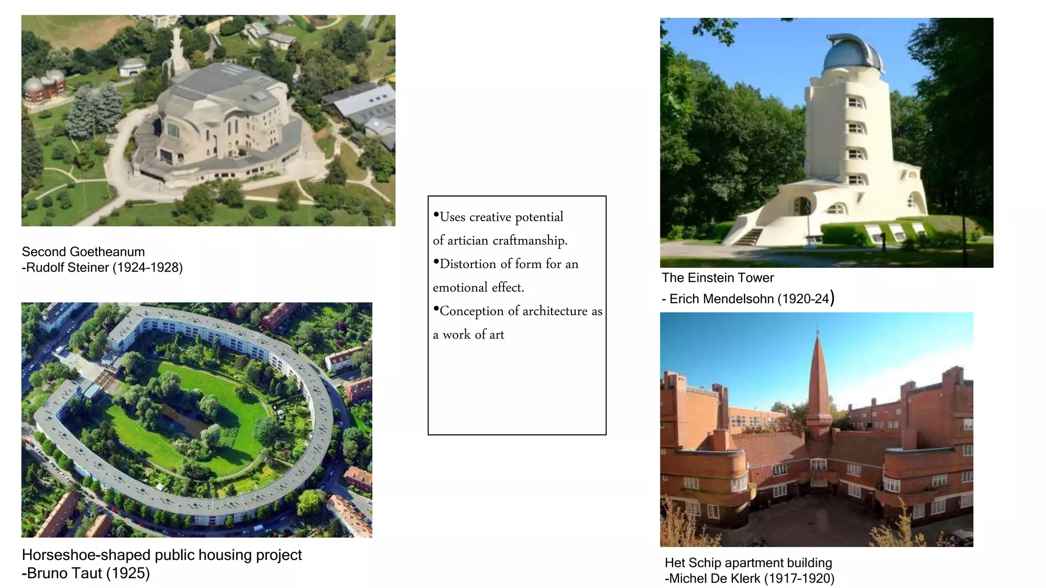 The Einstein Tower
- Erich Mendelsohn (1920–24)
Second Goetheanum
-Rudolf Steiner (1924–1928)
Horseshoe-shaped public housing project
-Bruno Taut (1925)
Het Schip apartment building
-Michel De Klerk (1917–1920)
•Uses creative potential
of artician craftmanship.
•Distortion of form for an
emotional effect.
•Conception of architecture as
a work of art
 