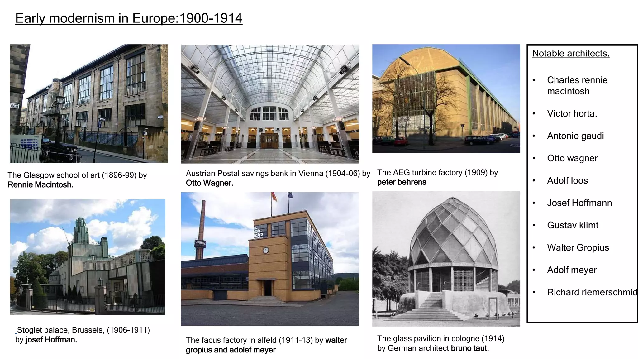 Early modernism in Europe:1900-1914
The Glasgow school of art (1896-99) by
Rennie Macintosh.
Austrian Postal savings bank in Vienna (1904-06) by
Otto Wagner.
The AEG turbine factory (1909) by
peter behrens
Stoglet palace, Brussels, (1906–1911)
by josef Hoffman. The facus factory in alfeld (1911–13) by walter
gropius and adolef meyer
The glass pavilion in cologne (1914)
by German architect bruno taut.
Notable architects.
• Charles rennie
macintosh
• Victor horta.
• Antonio gaudi
• Otto wagner
• Adolf loos
• Josef Hoffmann
• Gustav klimt
• Walter Gropius
• Adolf meyer
• Richard riemerschmid
 