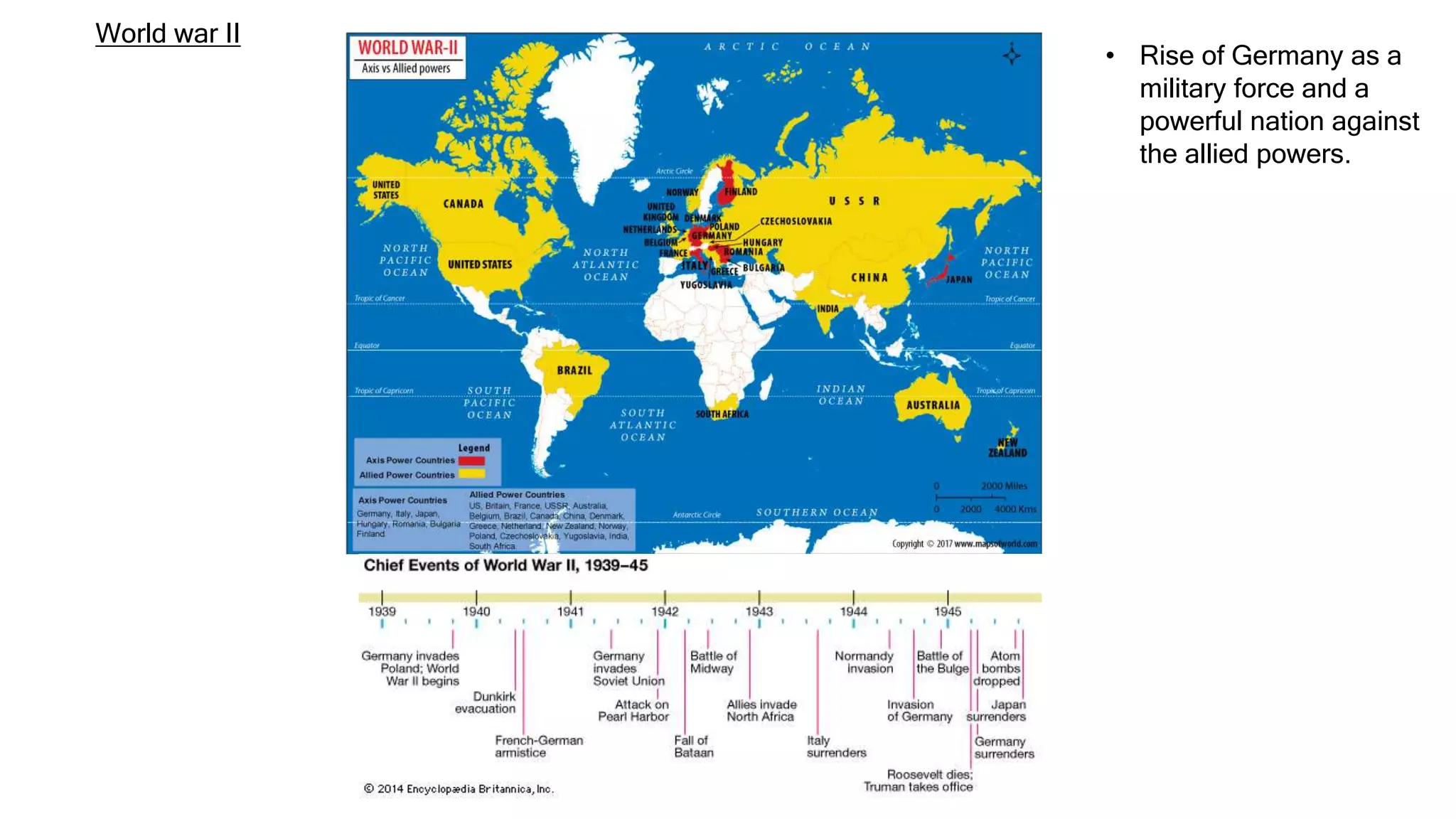 World war II
• Rise of Germany as a
military force and a
powerful nation against
the allied powers.
 