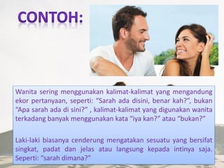 Wanita sering menggunakan kalimat-kalimat yang mengandung
ekor pertanyaan, seperti: “Sarah ada disini, benar kah?”, bukan
“Apa sarah ada di sini?” , kalimat-kalimat yang digunakan wanita
terkadang banyak menggunakan kata “iya kan?” atau “bukan?”
Laki-laki biasanya cenderung mengatakan sesuatu yang bersifat
singkat, padat dan jelas atau langsung kepada intinya saja.
Seperti: “sarah dimana?”
 