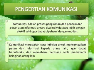 Komunikasi adalah proses pengiriman dan penerimaan
pesan atau informasi antara dua individu atau lebih dengan
efektif sehingga dapat dipahami dengan mudah.
Komunikasi merupakan cara individu untuk menyampaikan
pesan dan informasi kepada orang lain, agar dapat
berinteraksi dan memahami perasaan serta memahami
keinginan orang lain
 