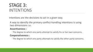 STAGE 3:
INTENTIONS
Intentions are the decisions to act in a given way.
A way to identify the primary conflict-handling intentions is using
two dimensions i.e.
Assertiveness :
◦ The degree to which one party attempt to satisfy his or her own concerns.
Cooperativeness :
◦ The degree to which one party attempts to satisfy the other party concerns.
 