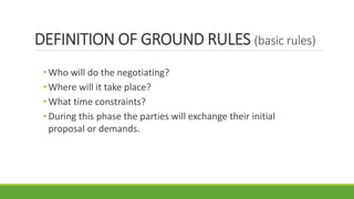 DEFINITION OF GROUND RULES (basic rules)
• Who will do the negotiating?
• Where will it take place?
• What time constraints?
• During this phase the parties will exchange their initial
proposal or demands.
 