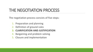 THE NEGOTIATION PROCESS
The negotiation process consists of five steps:
1. Preparation and planning
2. Definition of ground rules
3. CLARIFICATION AND JUSTIFICATION
4. Bargaining and problem solving
5. Closure and implementation
 