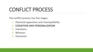 CONFLICT PROCESS
The conflict process has five stages:
1. Potential opposition and incompatibility
2. COGNITION AND PERSONALIZATION
3. Intentions
4. Behavior
5. Outcomes
 