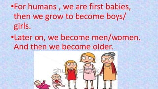 •For humans , we are first babies,
then we grow to become boys/
girls.
•Later on, we become men/women.
And then we become older.
 