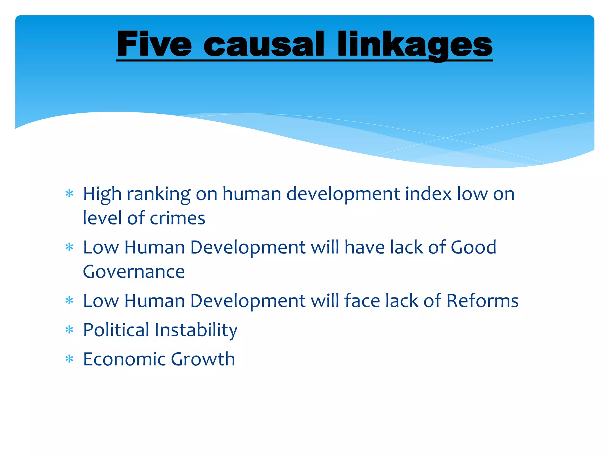  High ranking on human development index low on
level of crimes
 Low Human Development will have lack of Good
Governance
 Low Human Development will face lack of Reforms
 Political Instability
 Economic Growth
Five causal linkages
 