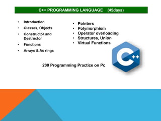 • Introduction
• Classes, Objects
• Constructor and
Destructor
• Functions
• Arrays & As rings
C++ PROGRAMMING LANGUAGE (45days)
• Pointers
• Polymorphism
• Operator overloading
• Structures, Union
• Virtual Functions
200 Programming Practice on Pc
 