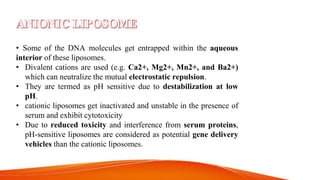 • Some of the DNA molecules get entrapped within the aqueous
interior of these liposomes.
• Divalent cations are used (e.g. Ca2+, Mg2+, Mn2+, and Ba2+)
which can neutralize the mutual electrostatic repulsion.
• They are termed as pH sensitive due to destabilization at low
pH.
• cationic liposomes get inactivated and unstable in the presence of
serum and exhibit cytotoxicity
• Due to reduced toxicity and interference from serum proteins,
pH-sensitive liposomes are considered as potential gene delivery
vehicles than the cationic liposomes.
 