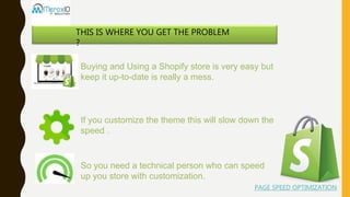 Buying and Using a Shopify store is very easy but
keep it up-to-date is really a mess.
THIS IS WHERE YOU GET THE PROBLEM
?
If you customize the theme this will slow down the
speed .
So you need a technical person who can speed
up you store with customization.
PAGE SPEED OPTIMIZATION