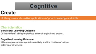 Create
 Using new and creative applications of prior knowledge and skills
Characteristics
Behavioral Learning Outcome
 The student’s ability to produce a new or original end product.
Cognitive Learning Outcome
 Learning outcomes emphasize creativity and the creation of unique
patterns or structures.
 