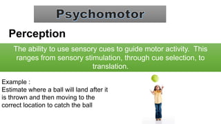 Perception
The ability to use sensory cues to guide motor activity. This
ranges from sensory stimulation, through cue selection, to
translation.
Example :
Estimate where a ball will land after it
is thrown and then moving to the
correct location to catch the ball
 