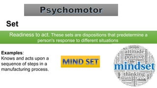 Readiness to act. These sets are dispositions that predetermine a
person's response to different situations
Set
Examples:
Knows and acts upon a
sequence of steps in a
manufacturing process.
 