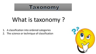 What is taxonomy ?
1. A classification into ordered categories
2. The science or technique of classification
 