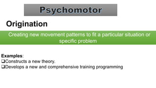 Origination
Creating new movement patterns to fit a particular situation or
specific problem
Examples:
Constructs a new theory.
Develops a new and comprehensive training programming
 