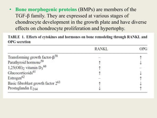• Bone morphogenic proteins (BMPs) are members of the
TGF-β family. They are expressed at various stages of
chondrocyte development in the growth plate and have diverse
effects on chondrocyte proliferation and hypertophy.
 