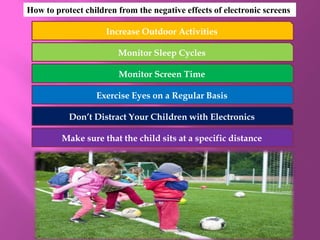 How to protect children from the negative effects of electronic screens
Monitor Screen Time
Monitor Sleep Cycles
Increase Outdoor Activities
Don’t Distract Your Children with Electronics
Exercise Eyes on a Regular Basis
Make sure that the child sits at a specific distance
 