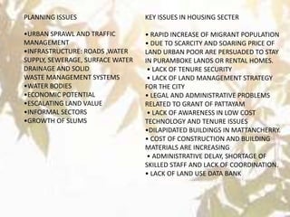 PLANNING ISSUES
•URBAN SPRAWL AND TRAFFIC
MANAGEMENT
•INFRASTRUCTURE: ROADS ,WATER
SUPPLY, SEWERAGE, SURFACE WATER
DRAINAGE AND SOLID
WASTE MANAGEMENT SYSTEMS
•WATER BODIES
•ECONOMIC POTENTIAL
•ESCALATING LAND VALUE
•INFORMAL SECTORS
•GROWTH OF SLUMS
KEY ISSUES IN HOUSING SECTER
• RAPID INCREASE OF MIGRANT POPULATION
• DUE TO SCARCITY AND SOARING PRICE OF
LAND URBAN POOR ARE PERSUADED TO STAY
IN PURAMBOKE LANDS OR RENTAL HOMES.
• LACK OF TENURE SECURITY
• LACK OF LAND MANAGEMENT STRATEGY
FOR THE CITY
• LEGAL AND ADMINISTRATIVE PROBLEMS
RELATED TO GRANT OF PATTAYAM
• LACK OF AWARENESS IN LOW COST
TECHNOLOGY AND TENURE ISSUES
•DILAPIDATED BUILDINGS IN MATTANCHERRY.
• COST OF CONSTRUCTION AND BUILDING
MATERIALS ARE INCREASING
• ADMINISTRATIVE DELAY, SHORTAGE OF
SKILLED STAFF AND LACK OF COORDINATION.
• LACK OF LAND USE DATA BANK
 
