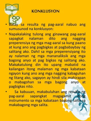 KONKLUSYON
• Batay sa resulta ng pag-aaral nabuo ang
sumusunod na konklusyon:
• Napakalaking tulong ang ginawang pag-aaral
sapagkat nalaman dito ang nagging
preperensiya ng mga mag-aaral sa kung paano
at kung ano ang pagbigkas at pagbabaybay ng
salitang ako. Dahil sa mga preperensiyang ito
ay nalaman ng mga mananaliksik ang mga
bagong anyo at pag bigkas ng salitang ako.
Makakatulong din ito upang mabatid na
kailangan itong malaman ng mga kabataan
ngayon kung ano ang mga nagging kabaguhan
ng litang ako, sagayon ay hindi sila mahirapan
o mabagohan sa mga bagong anyo at
pagbigkas nito.
• Sa kabuuan, makabuluhan ang resulta ng
pag-aaral sapangkat magagamit itong
instrumento sa mga kabataan bagong salta sa
makabagong mga salita.
 