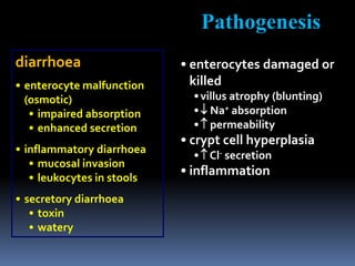 diarrhoea
• enterocyte malfunction
(osmotic)
• impaired absorption
• enhanced secretion
• inflammatory diarrhoea
• mucosal invasion
• leukocytes in stools
• secretory diarrhoea
• toxin
• watery
Pathogenesis
• enterocytes damaged or
killed
•villus atrophy (blunting)
• Na+ absorption
• permeability
• crypt cell hyperplasia
• Cl- secretion
• inflammation
 