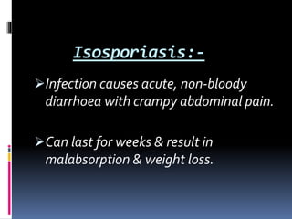 Isosporiasis:-
Infection causes acute, non-bloody
diarrhoea with crampy abdominal pain.
Can last for weeks & result in
malabsorption & weight loss.
 