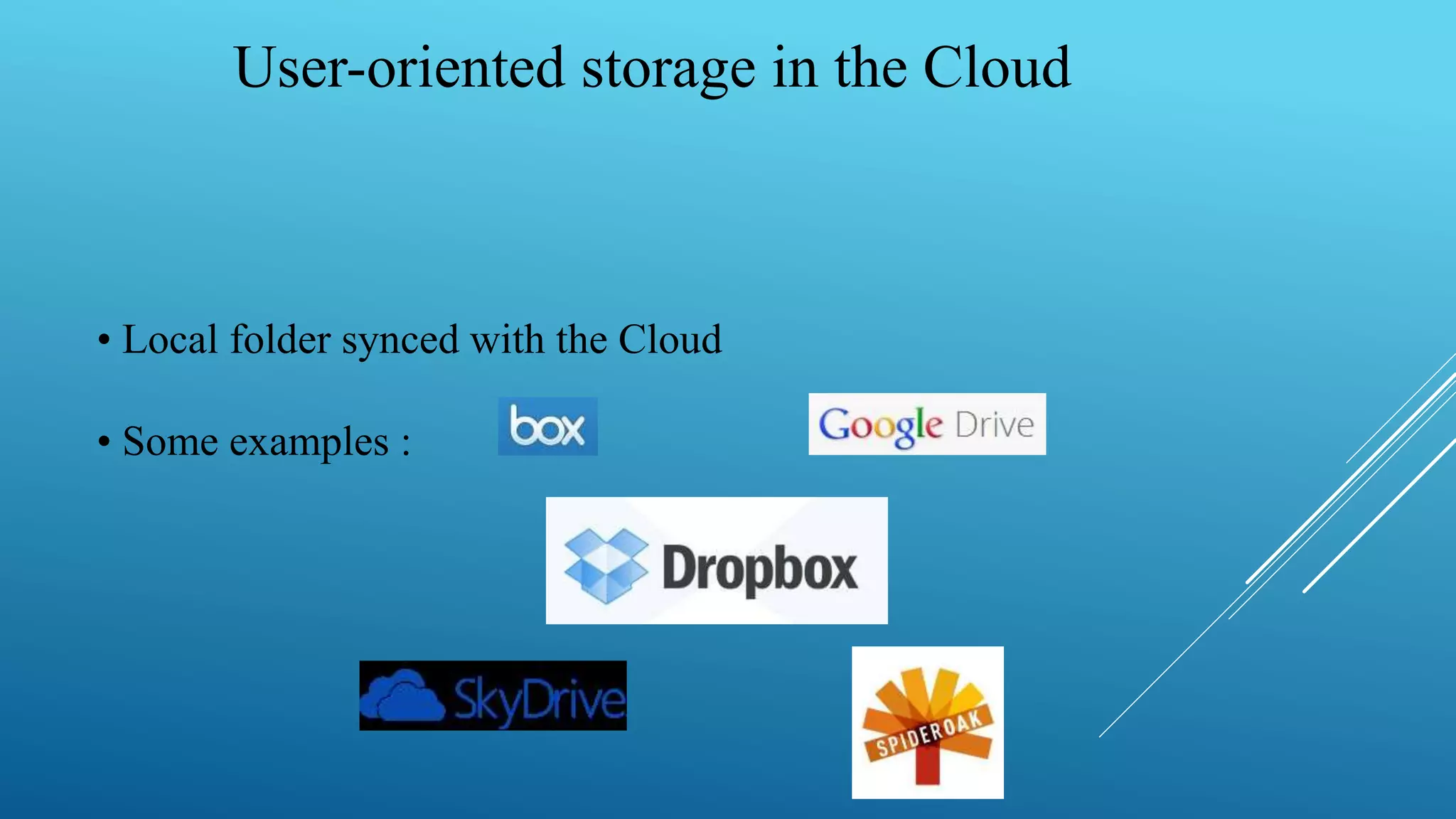 User-oriented storage in the Cloud
• Local folder synced with the Cloud
• Some examples :
 