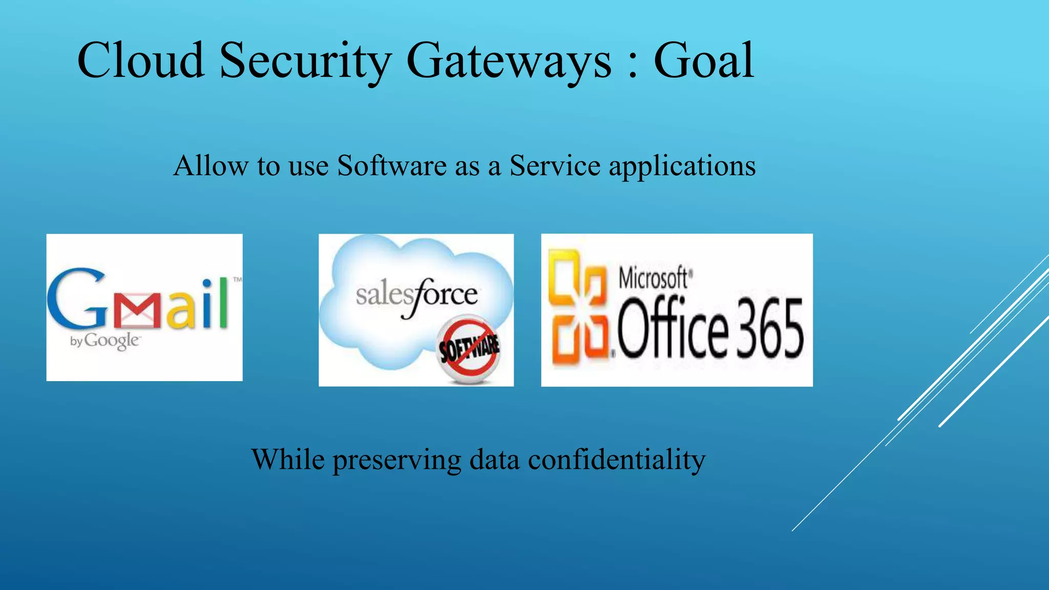 Cloud Security Gateways : Goal
Allow to use Software as a Service applications
While preserving data confidentiality
 