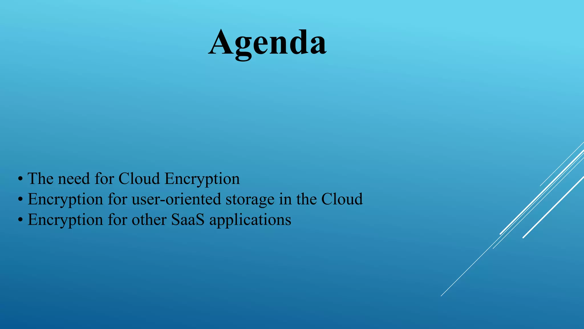 Agenda
• The need for Cloud Encryption
• Encryption for user-oriented storage in the Cloud
• Encryption for other SaaS applications
 