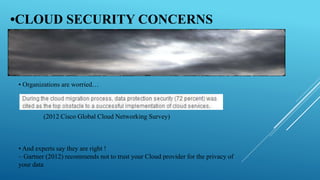 •CLOUD SECURITY CONCERNS
• Organizations are worried…
(2012 Cisco Global Cloud Networking Survey)
• And experts say they are right !
– Gartner (2012) recommends not to trust your Cloud provider for the privacy of
your data
 