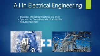 A.I In Electrical Engineering
• Diagnosis of Electrical machines and drives
• Synchronous Control over electrical machine.
• Reduced Fault rate
 