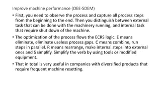Improve machine performance (OEE-SDEM)
• First, you need to observe the process and capture all process steps
from the beginning to the end. Then you distinguish between external
task that can be done with the machinery running, and internal task
that require shut down of the machine.
• The optimization of the process flows the ECRS logic. E means
eliminate, eliminate useless process gaps. C means combine, run
steps in parallel. R means rearrange, make internal steps into external
ones and S simplify. Simplify the verb by using tools or modified
equipment.
• That in total is very useful in companies with diversified products that
require frequent machine resetting.
 