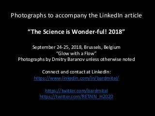 Photographs to accompany the LinkedIn article
“The Science is Wonder-ful! 2018”
September 24-25, 2018, Brussels, Belgium
“Glow with a Flow”
Photographs by Dmitry Baranov unless otherwise noted
Connect and contact at LinkedIn:
https://www.linkedin.com/in/bardmital/
https://twitter.com/bardmital
https://twitter.com/RETAIN_H2020
 