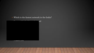 • Which is the fastest network in the India?
• Fastest Mobile Network Airtel
• 1. Airtel Mbps
• 2. Jio Mbps
• 3. Vodafone Mbps
• 4. Idea Mbps
• 1 more row
 