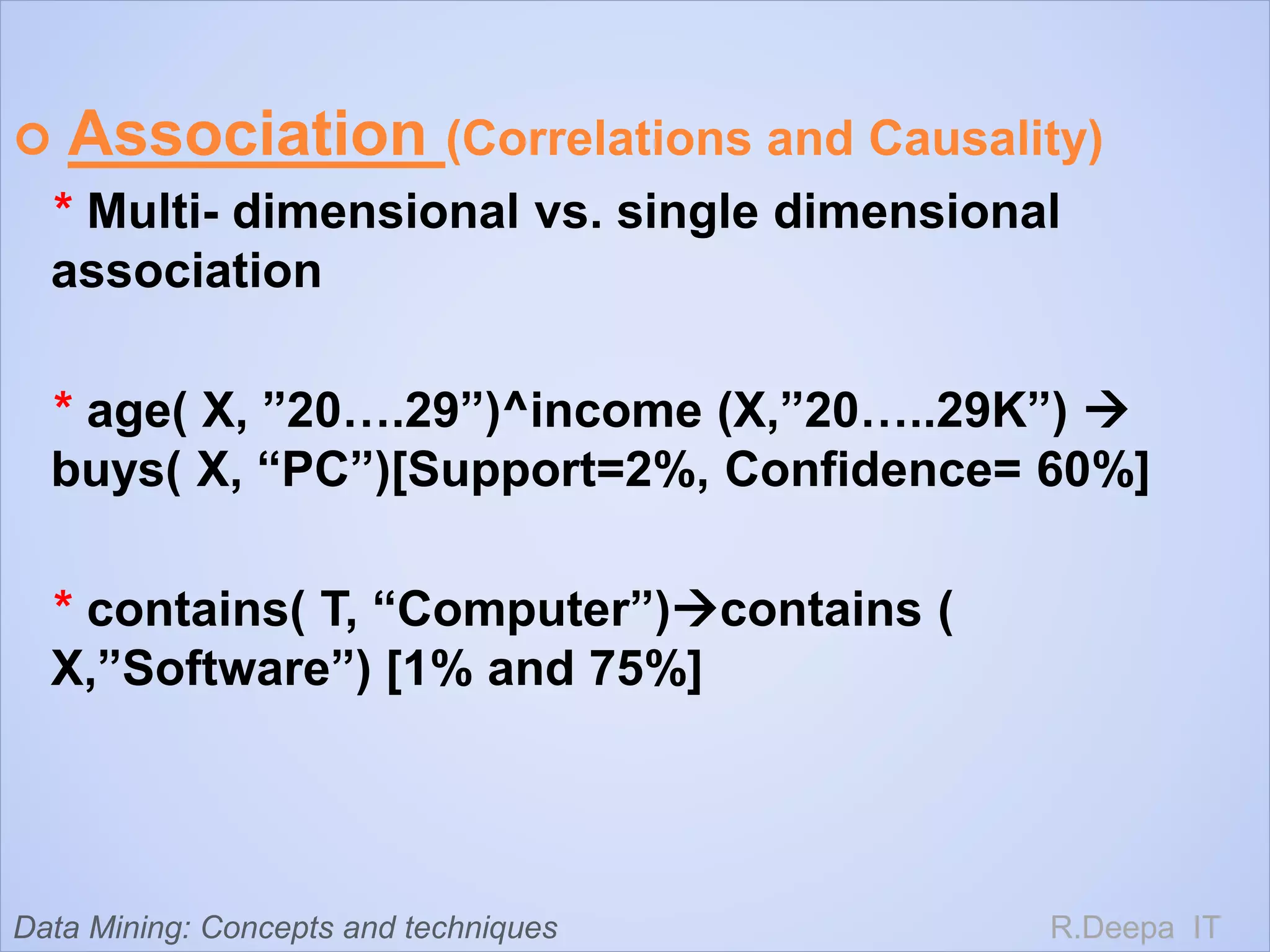  Association (Correlations and Causality)
* Multi- dimensional vs. single dimensional
association
* age( X, ”20….29”)^income (X,”20…..29K”) 
buys( X, “PC”)[Support=2%, Confidence= 60%]
* contains( T, “Computer”)contains (
X,”Software”) [1% and 75%]
R.Deepa ITData Mining: Concepts and techniques
 