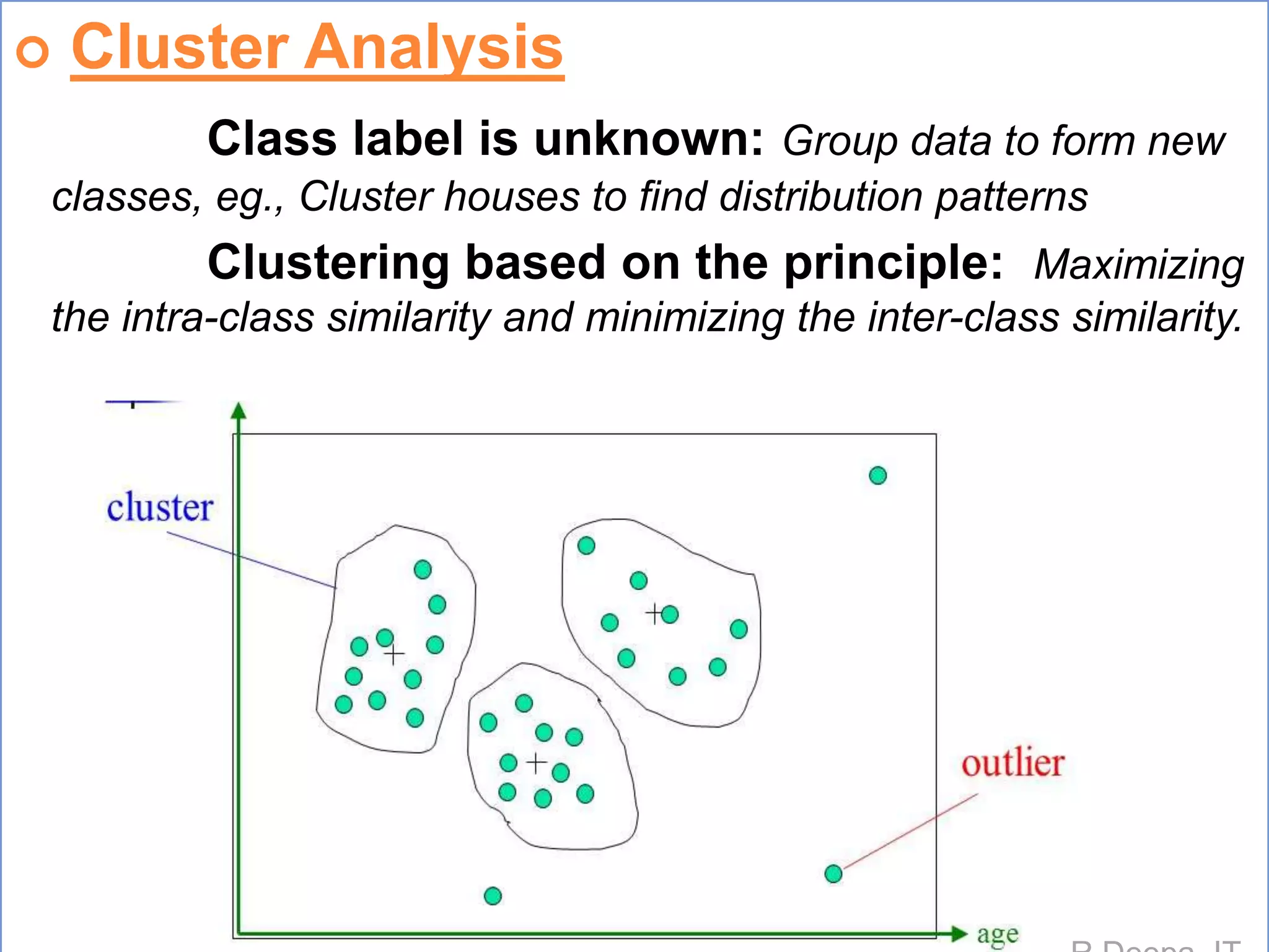  Cluster Analysis
Class label is unknown: Group data to form new
classes, eg., Cluster houses to find distribution patterns
Clustering based on the principle: Maximizing
the intra-class similarity and minimizing the inter-class similarity.
 