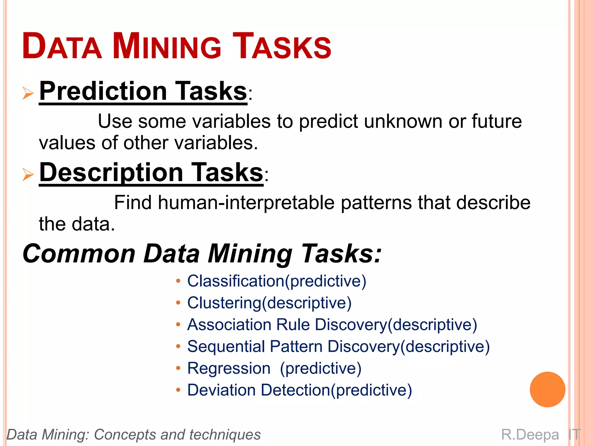 DATA MINING TASKS
 Prediction Tasks:
Use some variables to predict unknown or future
values of other variables.
 Description Tasks:
Find human-interpretable patterns that describe
the data.
Common Data Mining Tasks:
• Classification(predictive)
• Clustering(descriptive)
• Association Rule Discovery(descriptive)
• Sequential Pattern Discovery(descriptive)
• Regression (predictive)
• Deviation Detection(predictive)
R.Deepa ITData Mining: Concepts and techniques
 