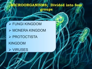  FUNGI KINGDOM
 MONERA KINGDOM
 PROTOCTISTA
KINGDOM
 VIRUSES
MICROORGANISMS; Divided into four
groups
 