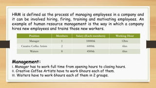 HRM is defined as the process of managing employees in a company and
it can be involved hiring, firing, training and motivating employees. An
example of human resource management is the way in which a company
hires new employees and trains those new workers.
Management:
I. Manager has to work full time from opening hours to closing hours.
II. Creative Coffee Artists have to work 6hours each of them.
III. Waiters have to work 6hours each of them in 2 groups.
Position Members Salary (Each members) Working Hour
Manager 1 10000tk 12hrs
Creative Coffee Artists 2 6000tk 6hrs
Waiters 8 4500tk 6hrs
 