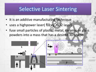 Selective Laser Sintering
• It is an additive manufacturing technique
• uses a highpower laser( for eg. CO2 laser)
• fuse small particles of plastic, metal, ceramic or glass
powders into a mass that has a desired 3D shape.
 