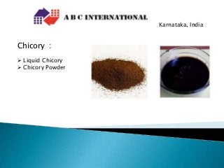 Karnataka, India
Chicory :
 Liquid Chicory
 Chicory Powder
 