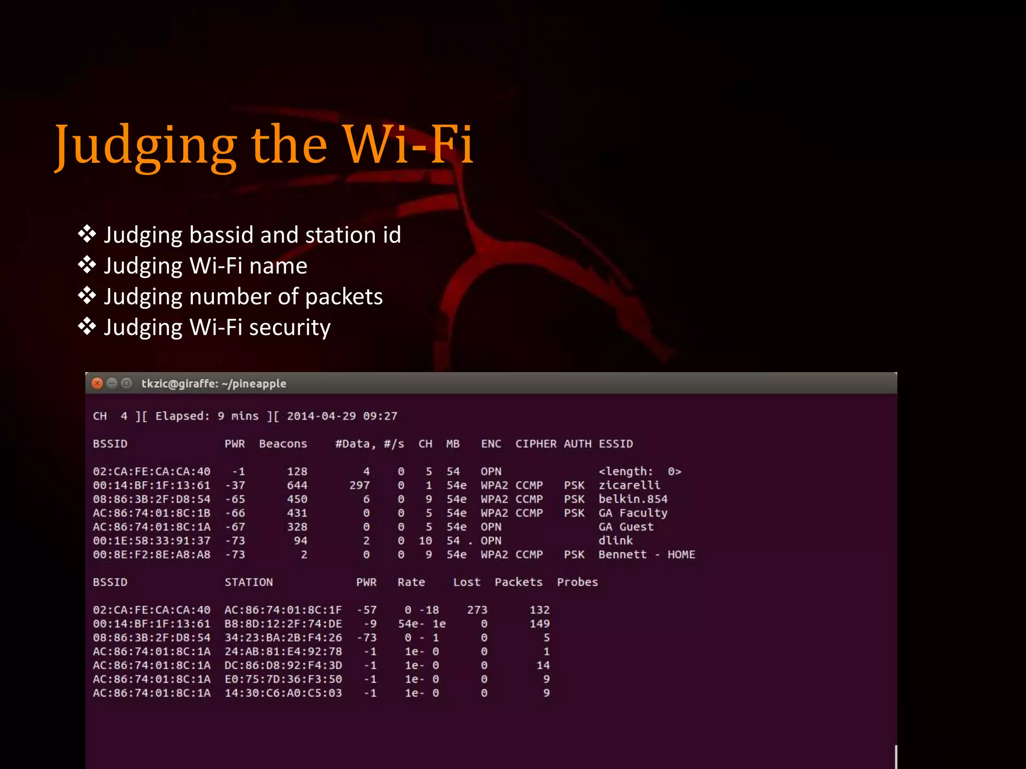 Judging the Wi-Fi
 Judging bassid and station id
 Judging Wi-Fi name
 Judging number of packets
 Judging Wi-Fi security
 